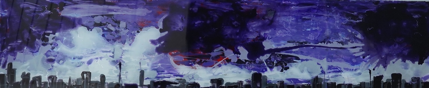 Clay Sinclair (New Zealand, Contemporary), mixed media on glass, Panoramic skyline, 29 x 115cm. Condition - fair